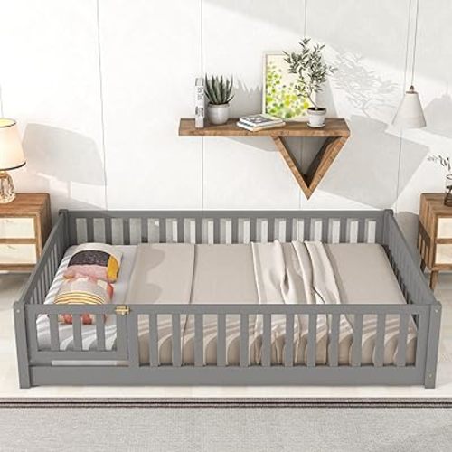 Anwick Twin Size Daybed Frame for Toddlers Solid Wood Floor Bed Frame for Kids with Fence and Door,House Bed for Boys and Girls (Grey, Twin)