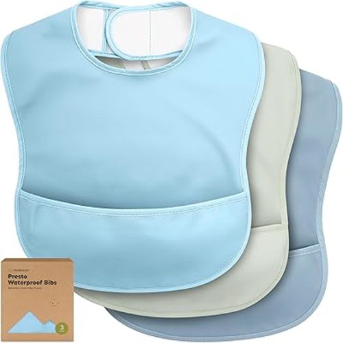 3-Pack Waterproof Baby Bibs for Eating - Lightweight Toddler Feeding Bibs with Large Food Catcher, Mess Proof, Food-Grade Baby Eating Essentials, Easy to Put On & Clean (Ocean)