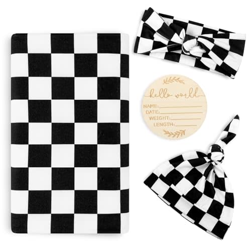 Newborn Swaddle Blanket with Hat Set, Baby Receiving Blankets 30"x30" | Soft & Stretchy Newborn Swaddle Set, 4 Pack, 30" x 30", Black Checkerborad Pattern