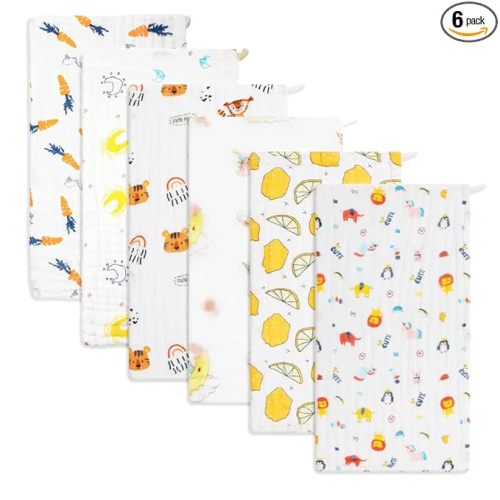 norinori Baby Burp Cloths Muslin Washcloths 6Pack - Muslin Burp Cloths Hanky Large 20''x10'' Extra Soft Absorbent Baby Burp Rags for Newborn 100% Cotton for Boys Girls Gift 6 Layers Machine Washable