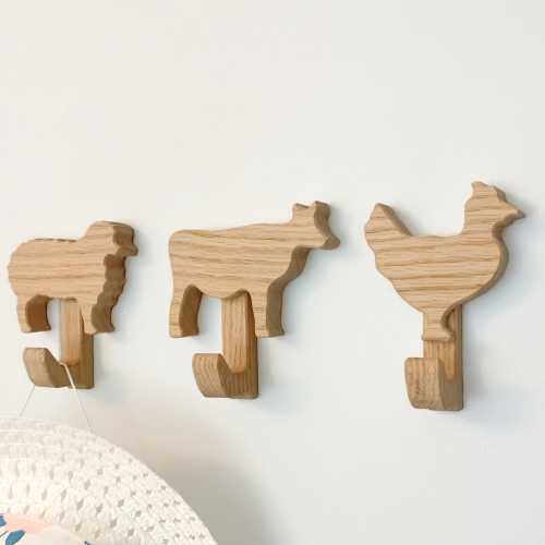 Farm animal wall hook for kids room. Country decor for nursery and baby room. Farmhouse hanger and organization. Cow Chicken Sheep Horse Pig