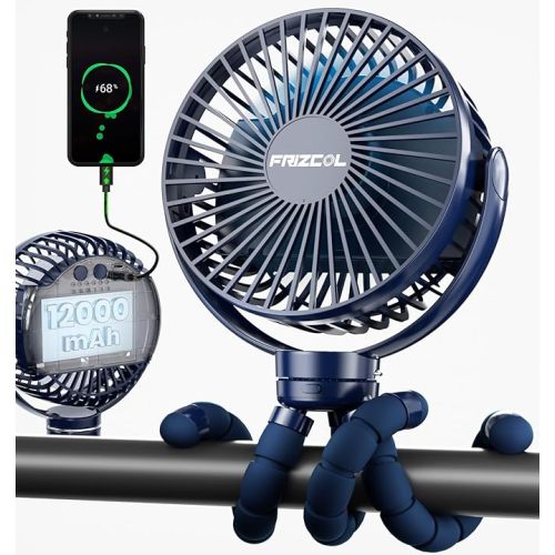 FRIZCOL 12000mAh Portable Stroller Fan, Use As Power Bank, 65H Battery Operated Fan Flexible Tripod Clip On Fans, Detachable Personal Handheld Baby Fans for Stroller, Car seat, Desk, Treadmill (Blue)