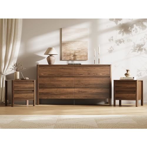 MAISONARIA Walnut 3-Piece Dresser Bedroom Set, 6 Drawers Dresser & 2 Drawer Nightstands with Hidden Handles, Wood Chest of Drawers for Bedroom, Living Room, Entryway
