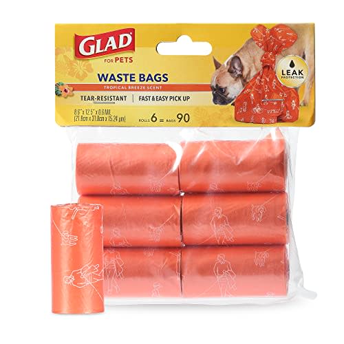 Glad for Pets Large Dog Waste Bags, Scented, Tear-Resistant, 6 Rolls | Heavy Duty Poop Bags for Fast and Easy Waste Cleanup | 6 Rolls, 90 Bags Total
