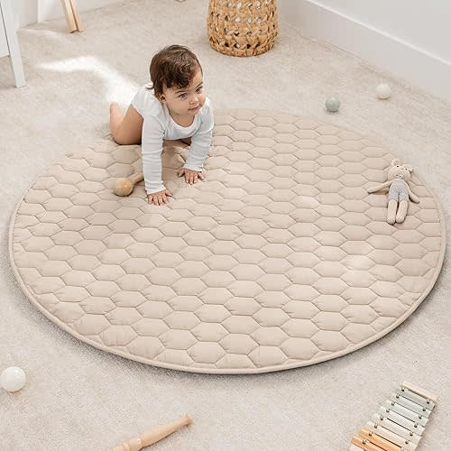 Comfy Cubs Round Kids Play Mat - Medium 48 inches Soft Quilted Baby Floor Mat with Non-Slip Bottom - Plush Design for Toddlers' Playtime - Comfortable and Durable - Sand