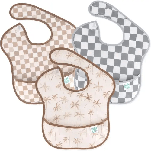Bumkins Bibs for Girl or Boy, SuperBib Baby and Toddler for 6-24 Months, Essential Must Have for Eating, Feeding, Baby Led Weaning Supplies, Mess Saving Catch Food, 3-pk Palms and Checks