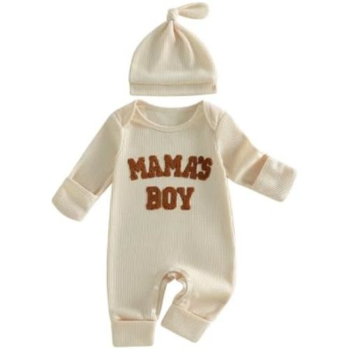 Sejardin Newborn Infant Baby Boy Fall Clothes Waffle Romper Letter Embroidery Long Sleeve Crew Neck Jumpsuit with Hat