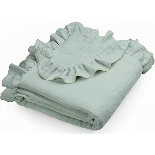 Muslin Ruffled Baby Blanket, Extra Large 52 x 52 Inches, Soft Breathable Cotton Crib Blanket for Newborn Infant Toddler (Sage-Ruffled, Printed)