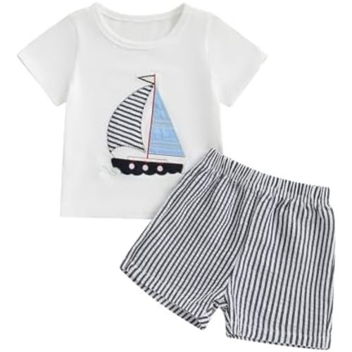 Bagilaanoe 2PCS Summer Outfit Toddler Baby Boy Sailboat/Helicopter/Fish Short Sleeve T-Shirt Plaid Shorts Set