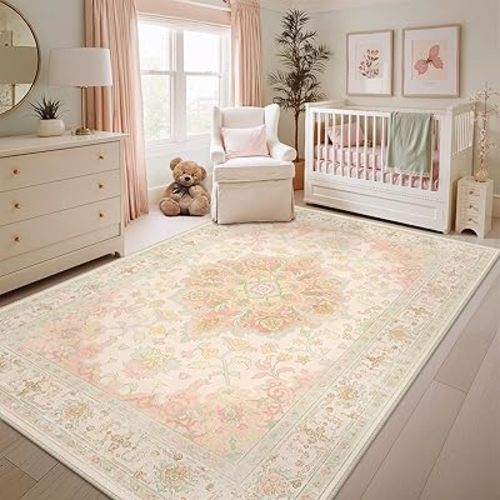 Machine Washable Rugs Nursery Rug 5x7 Cute Girl Non Slip Low Pile Water Repellent Soft Print Pattern for Bedroom Indoor Decor Kids Playroom Pinkgreen