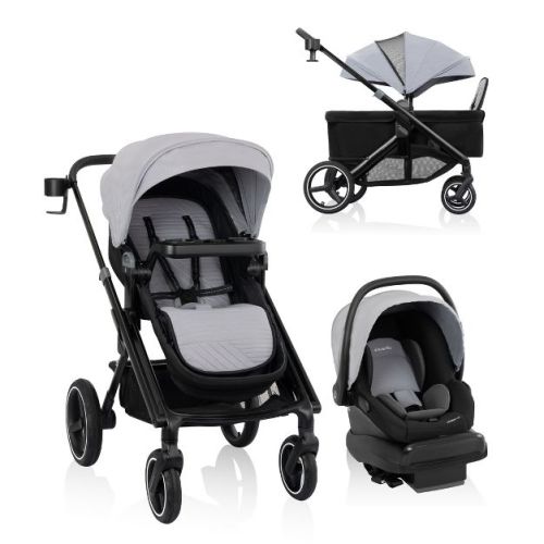 Evenflo Transformer Travel System Stroller with LiteMax Infant Car Seat - Fog Gray: Bassinet Reclining Seat, Converts to Wagon, EVA Tire, 30.7 lb