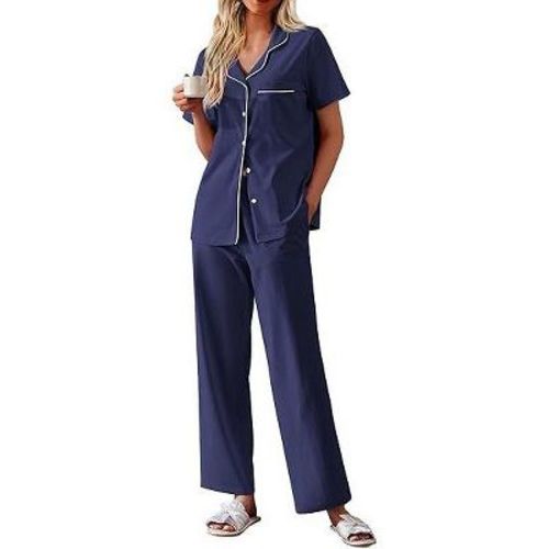 Ekouaer Women's Cotton Pajamas Set Short Sleeve Button Down Pjs 2 Piece Soft Sleepwear with Long Pants Lounge Set Navy Blue S