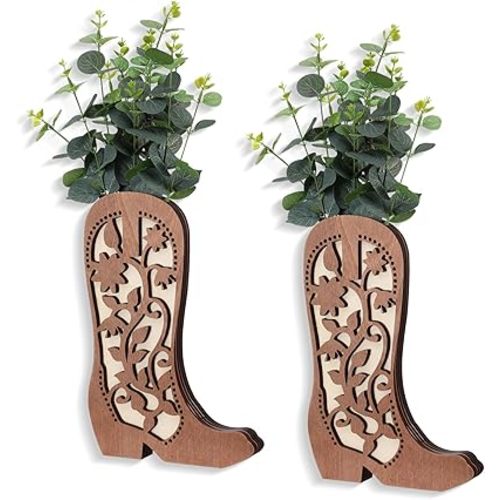 2 Pcs Western Wall Decor Wood Cowboy Boots Wall Planter for Indoor Plants 12 x 8'' Western Boot Flower Hanging Vase for Flower Faux Rustic Home Decor for Bathroom Bedroom(Cute Style)