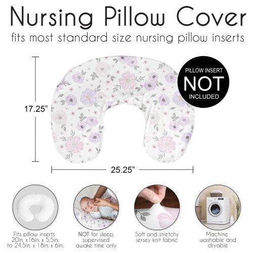 Sweet Jojo Designs Watercolor Floral Nursing Breastfeeding Pillow Cover Case (Pillow Not Included) Purple Pink Grey Boho Shabby
