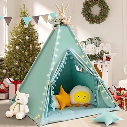Teepee Tent for Kids with Padded Mat Cotton Canvas Kids Tent with Pompom for Toddlers Indoor Play Tent for Girls Boys with Stars Lights, Carry Bag, Banner Flag (Green)