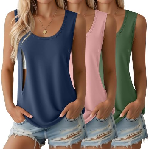 Ficerd 3 Pack Women's Maternity Nursing Tank Tops Breastfeeding Zipper Sleeveless Shirts Comfy Summer Pregnancy Clothes