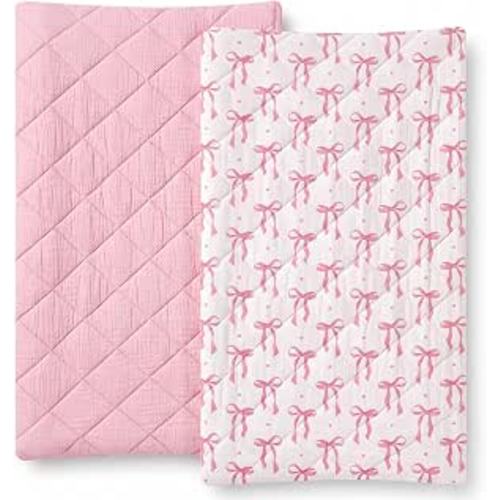 Frienda 2 Pack Pink Bow Changing Pad Covers Waterproof 32 x 16 Inch