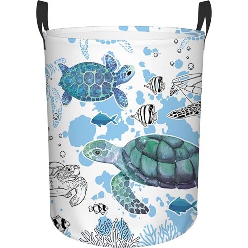 Sea Turtles Laundry Basket, Laundry Hamper Basket Ocean Theme Round Clothes Basket, 43L Collapsible Storage Organizer Bin with Handles for Toys, Nursery Home Storage, 13.8x17.7
