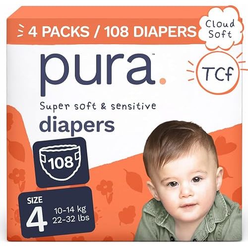 Pura Baby Diapers Size 4 (22-32 lbs) 108 Count Sensitive Skin
