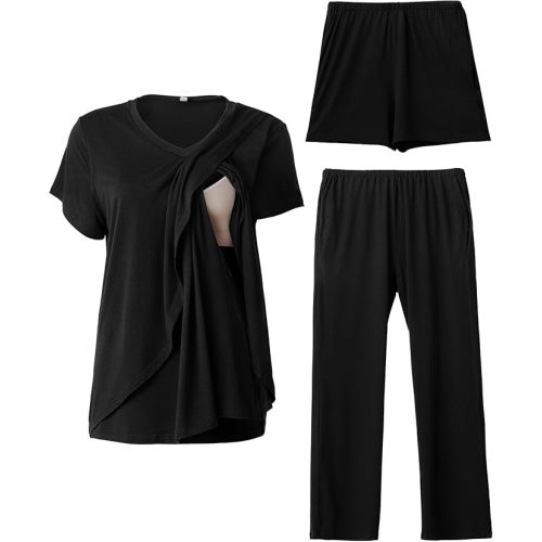 Rnxrbb V Neck Nursing Pajamas Set 3 Pack Postpartum Pjs Breastfeeding Sleepwear for Women Double Layer with Pockets