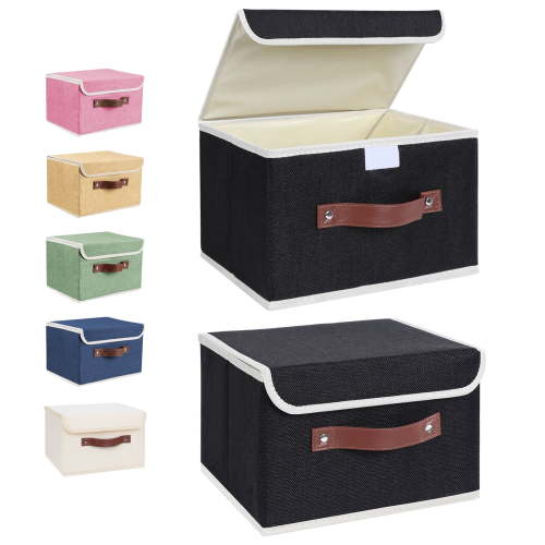 ANMINY Foldable Fabric Storage Bin With Handle Lid Large Collapsible Box Basket For Home Organizer, 2 Packs, Black