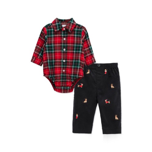 Plaid Bodysuit & Pups Corduroy Pants Set