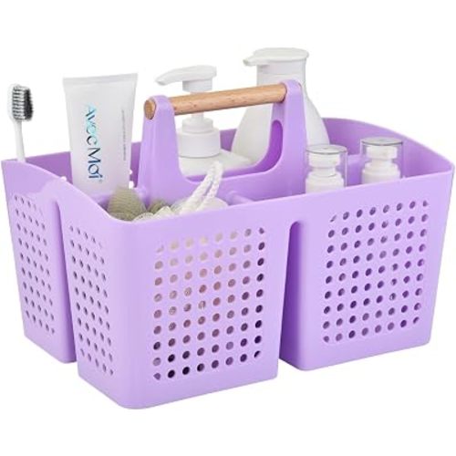 Portable Shower Caddy Basket with Wood Handle, 3-Compartment Bathroom Organizer Tote with Drain Holes, Plastic Shower Basket for Dorm, Toiletries, Cleaning Supplies, Purple
