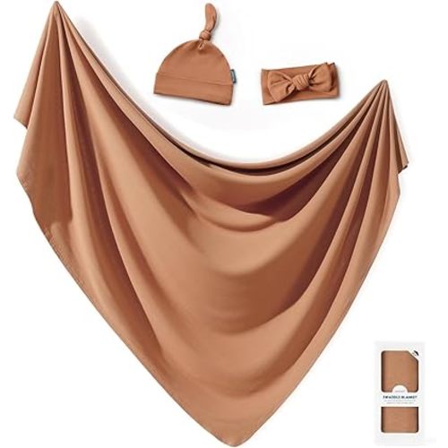 GRSSDER Newborn Swaddle Blanket, Ultra Soft Jersey Receiving Blanket with Matching Headband and Beanie Set, Stretchy Baby Swaddle 47×47", Extra Large Nursery Swaddles Wrap for Girls and Boys