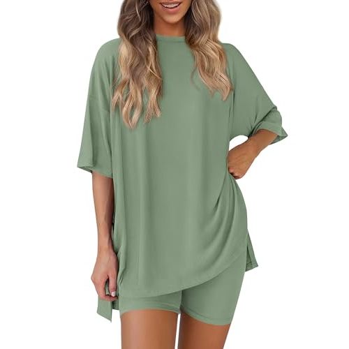 PRETTYGARDEN Women 2 Piece Lounge Set 2026 Summer Casual Oversized Shirts Biker Shorts Matching Airport Travel Outfit Clothes