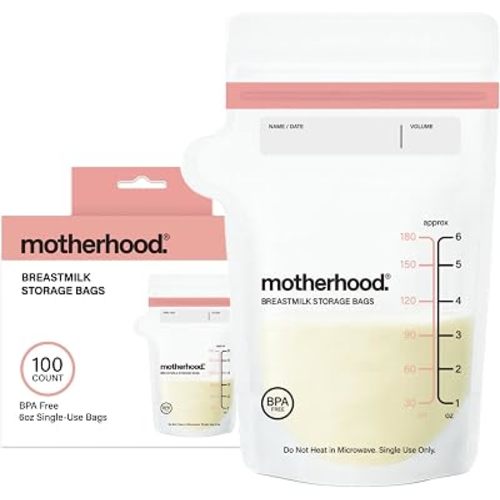 Motherhood Maternity Breastmilk Storage Bags, 6 oz, 100 Count – Leak Proof Breast Milk Freezer Storage Bags, Pre-Sterilized & BPA Free, Self-Standing & Flat Lay