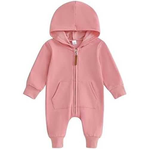 allshope Newborn Baby Boy Girl Fall Outfit Romper Long Sleeve Hooded Solid Zipper Jumpsuit Bodysuit Infant Clothes