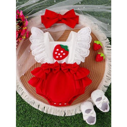 Baby Girl Strawberry Embroidered Ruffle Trim Spliced Bodysuit With Headband | SHEIN USA