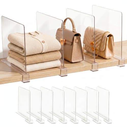 8 Pack Clear Shelf Dividers for Closet Organization – Adjustable Closet Shelf Organizer for Clothes, Sweaters, Handbags & Purses, Shelf Separators for Wooden Shelves, Perfect for Living Room