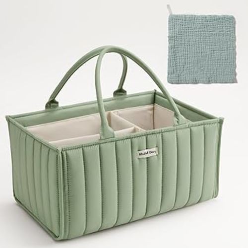 Blissful Diary Baby Diaper Caddy Organizer, Stylish Baby Diaper Caddy Basket With a Baby Burp Cloth - Gift for Baby Shower List, Newborn Essentials, Baby Registry Must Have - Sage Green