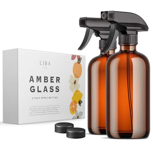 LiBa Glass Spray Bottles for Cleaning, Essential Oils, Hair, Plants, Refillable, Amber, 16oz, 2 Pack