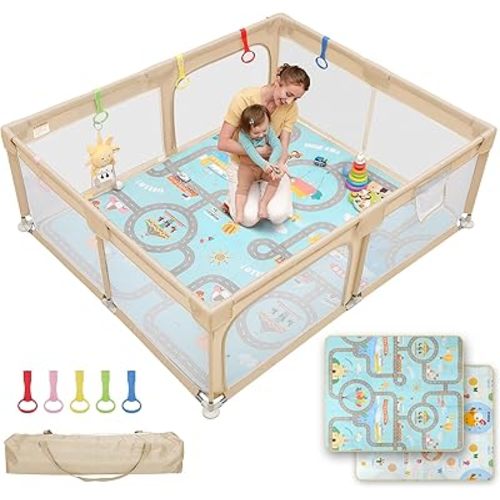 Dripex Baby Playpen with Mat, 71x59 Inch Play Pen for Toddlers 1-3 Years, Soft Breathable Visible Mesh, Indoor/Outdoor Portable Play Yard with Mat, Safe Baby Fence Play Area, Khaki