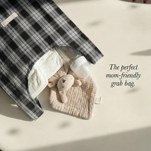 Cotton Plaid Diaper Bag Tote Foldable Mom Grab Bag New Mom Organizer Bag Custom Tag Baby Shower Favor Gift