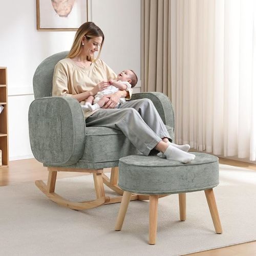Rocking Chair with Ottoman, Upholstered Glider Rocker with High Backrest and Side Pocket, Comfy Chenille Reading Chair with Solid Wood Legs for Nursery, Living Room,Bedroom Pale Green