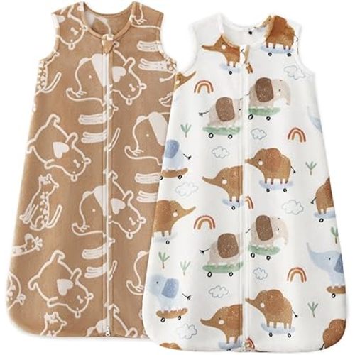 Unnivoll Fleece Baby Sleep Sack 0-6 Months 2.0 Tog Baby Wearable Blanket with 2-Way Zipper Warm Sleeping Sack for Infant Newborn - Small Brown & White Elephant