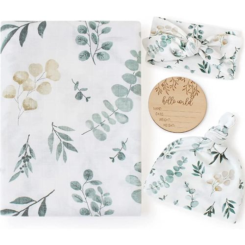 LifeTree Newborn Swaddle Set with Matching Hat and Headband Bow, Wooden Birth Announcement Card, Muslin Baby Swaddle Blankets for Boys & Girls, Eucalyptus Pattern