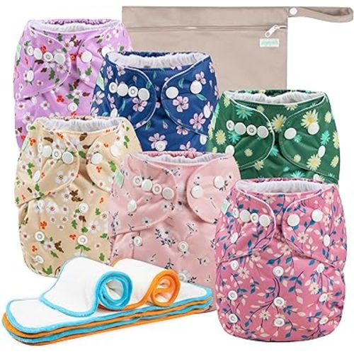 Wegreeco Cloth Diapers 6 Pack with Inserts & Wet Bag, Washable Reusable Diapers for Babies, One Size Adjustable (Chrysanthemum)