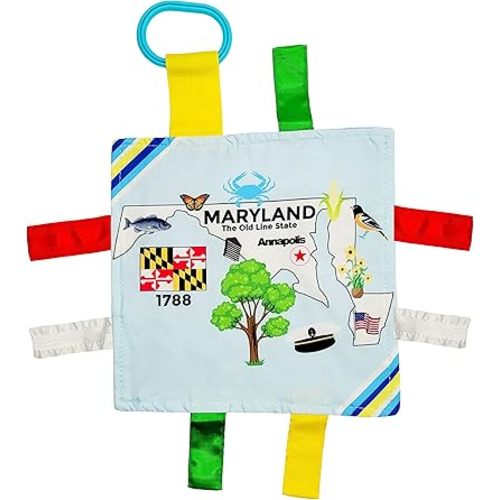 Baby Jack & Co 8x8” Learning Lovey Maryland State Tag Stroller Toy for Babies - Crinkle Toys for Developing Five Senses - Learn About Capitals - Travel with Baby Jack - BPA Free Clip