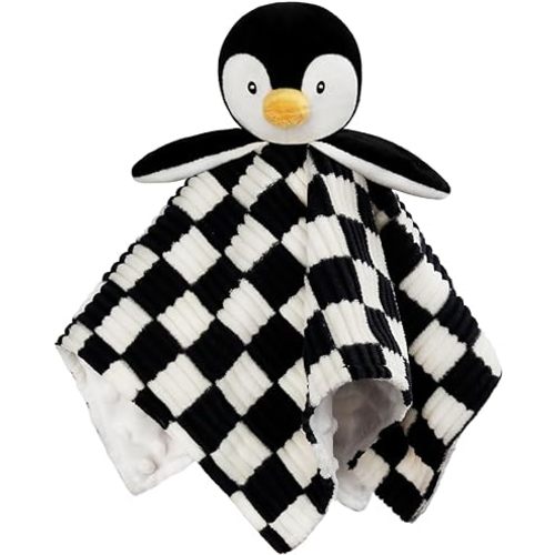 Baby Lovey Blanket for Boys Girls Super Soft Checkerboard Gingham with Minky Dot Fabric Backing Penguin Stuffed Animal Lovely Snuggle Toy Black 14 Inch