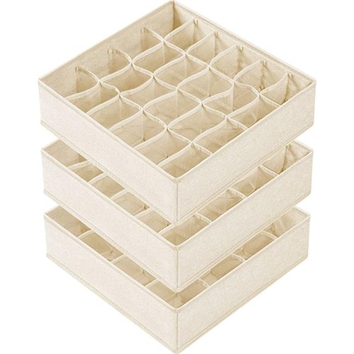 Criusia 3 Pack Sock Underwear Drawer Organizer Dividers, 64 Cell Fabric Foldable Cabinet Dresser Closet Organizers and Storage Boxes for Organizing Socks, Underwear, Ties (16+24+24 Cell, Beige)