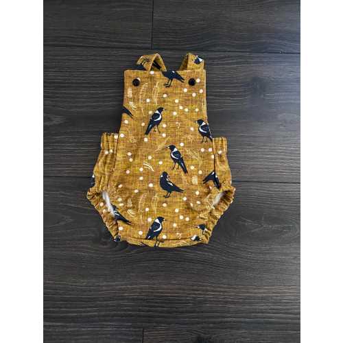 Organic Cotton Baby Romper: Magpie Print, Cross Back