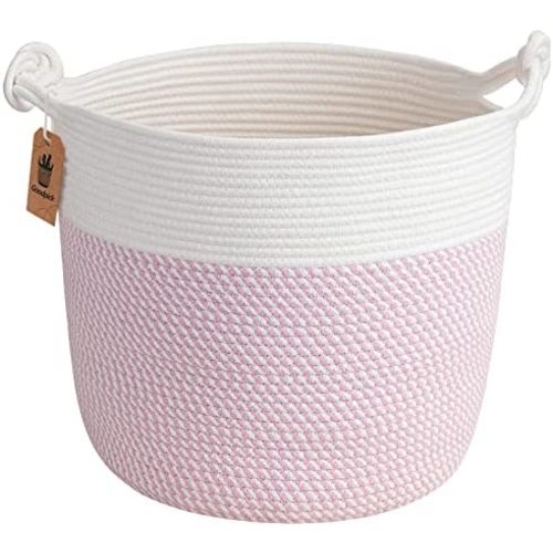 Goodpick Cotton Rope Basket with Handle for Baby Laundry Basket Toy Storage Blanket Storage Nursery Basket Soft Storage Bins Baby Gift Basket Woven Basket, 15'' × 15'' × 14.2'', Pink
