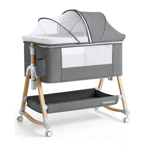 HARPPA Cuddly Bassinet Bedside Sleeper, 3 in 1 Baby Bassinet with Mattress | Portable Bag, Mosquito Net, Breathable Mesh, Adjustable Height, Gentle Rocking, 360° Swivel Wheels