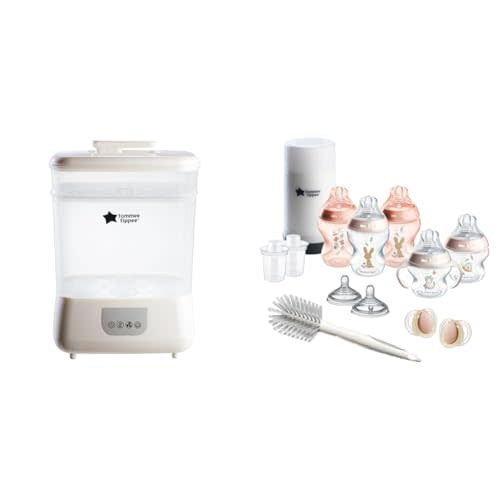 Tommee Tippee Electric Steam Sterilizer and Dryer & Natural Start 14 Piece Baby Bottle, Travel Bottle Warmer & Pacifier Set with Extra Nipples, 2 Formula Dispensers & Bottle Brush, Pink & Clear
