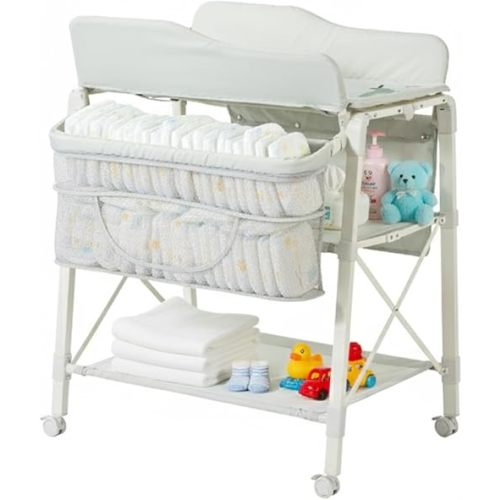 Sweeby Portable Baby Changing Table, Foldable Changing Table Dresser Changing Station for Infant, Waterproof Diaper Changing Table Pad Topper, Mobile Nursery Organizer for Newborn Essentials,Green