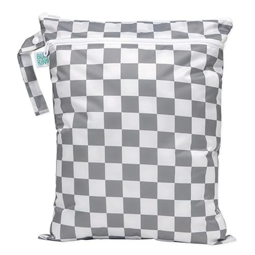 Bumkins Waterproof Wet Dry Bag for Baby, Travel, Swim Suit, Cloth Diapers, Pump Parts, Pool, Beach, Gym Clothes, Toiletry, Hook to Stroller, Daycare, Zipper Reusable Wetdry Packing Pouch, Gray Check